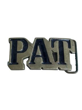 Vintage 70s PAT Name Monogram Brass Belt Buckle in Black and Antique Gold